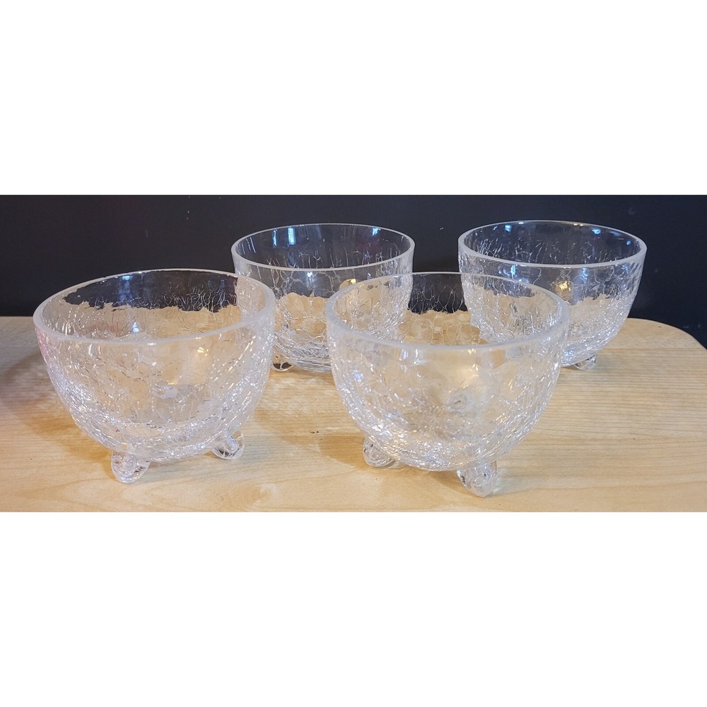PIER 1 CLEAR CRACKLED GLASS FOOTED NUT BOWLS 3 3/4" Set Of 4